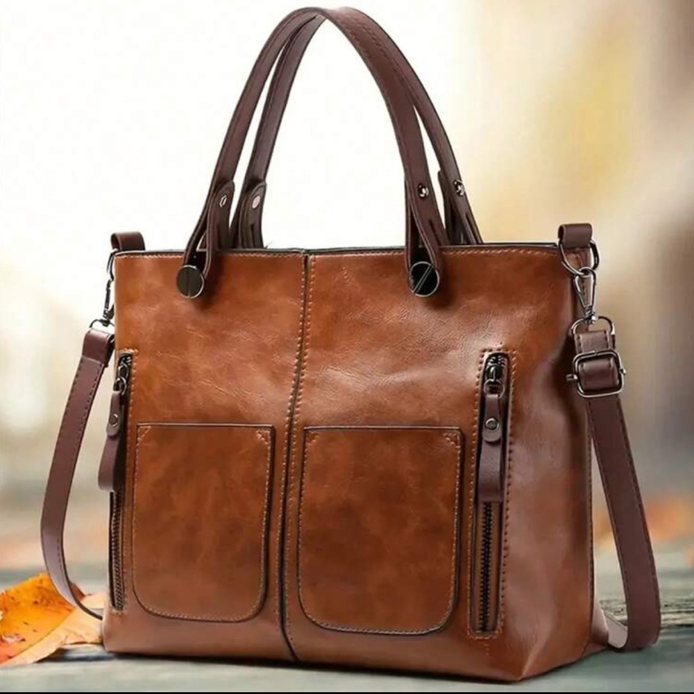 Luxe Brown Zipper Large Tote Shoulder Bag - Picture 1 of 4
